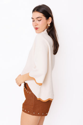 On the Bright Side Sweater – ivory mock neck sweater with contrast camel trim – view 3