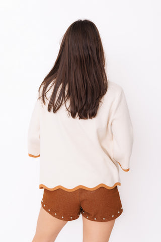 On the Bright Side Sweater – ivory mock neck sweater with contrast camel trim – view 4