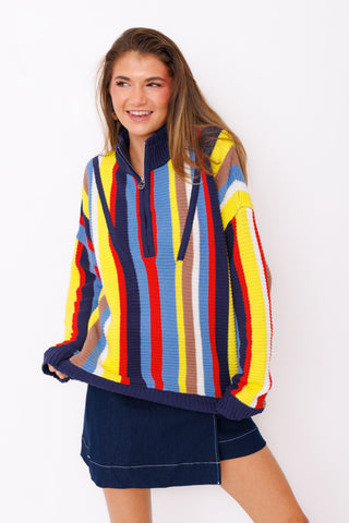 Color Me Happy Sweater – multicolor striped chunky knit quarter zip sweater