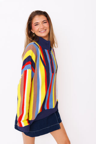 Color Me Happy Sweater – multicolor striped chunky knit quarter zip sweater – view 3