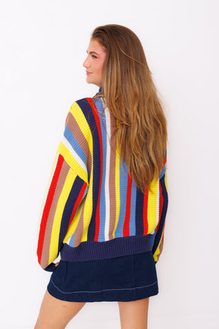 Color Me Happy Sweater – multicolor striped chunky knit quarter zip sweater – view 4