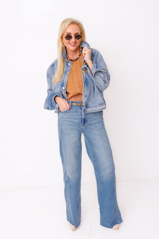 Blue Me Away Jacket – light wash cropped denim jacket with stand collar – view 2