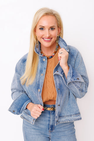 Blue Me Away Jacket – light wash cropped denim jacket with stand collar