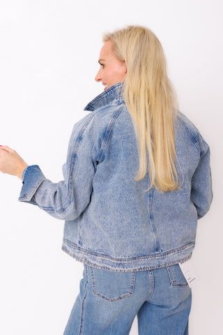 Blue Me Away Jacket – light wash cropped denim jacket with stand collar – view 4