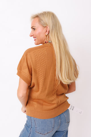 Caramel Crush Sweater – caramel short sleeve cable knit crew neck sweater – view 4