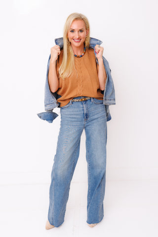 Caramel Crush Sweater – caramel short sleeve cable knit crew neck sweater – view 2