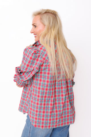 Pretty in Plaid Top – pink and turquoise plaid button-down with puff sleeves and ruffle cuffs – view 4