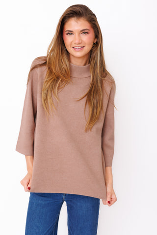 Easy Does It Sweater – taupe mock neck sweater with three-quarter sleeves