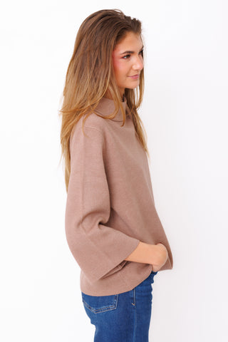 Easy Does It Sweater – taupe mock neck sweater with three-quarter sleeves – view 2