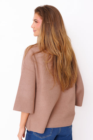 Easy Does It Sweater – taupe mock neck sweater with three-quarter sleeves – view 3