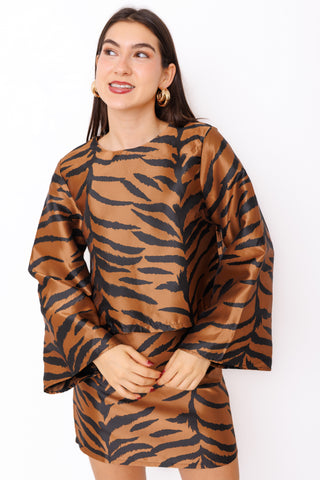 Tigers Eye Top – chocolate brown and black tiger print cropped blouse with wide sleeves