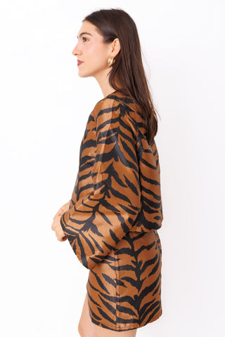Tigers Eye Top – chocolate brown and black tiger print cropped blouse with wide sleeves – view 3