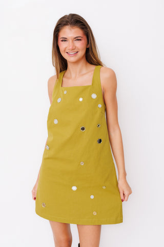 Mirror Mini Dress – olive sleeveless square neck shift mini with mirror embellishments