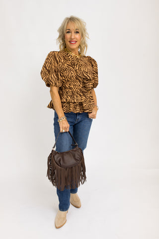 Safari Chic Top – brown zebra print peplum top with puff sleeves and front ruffles – view 2