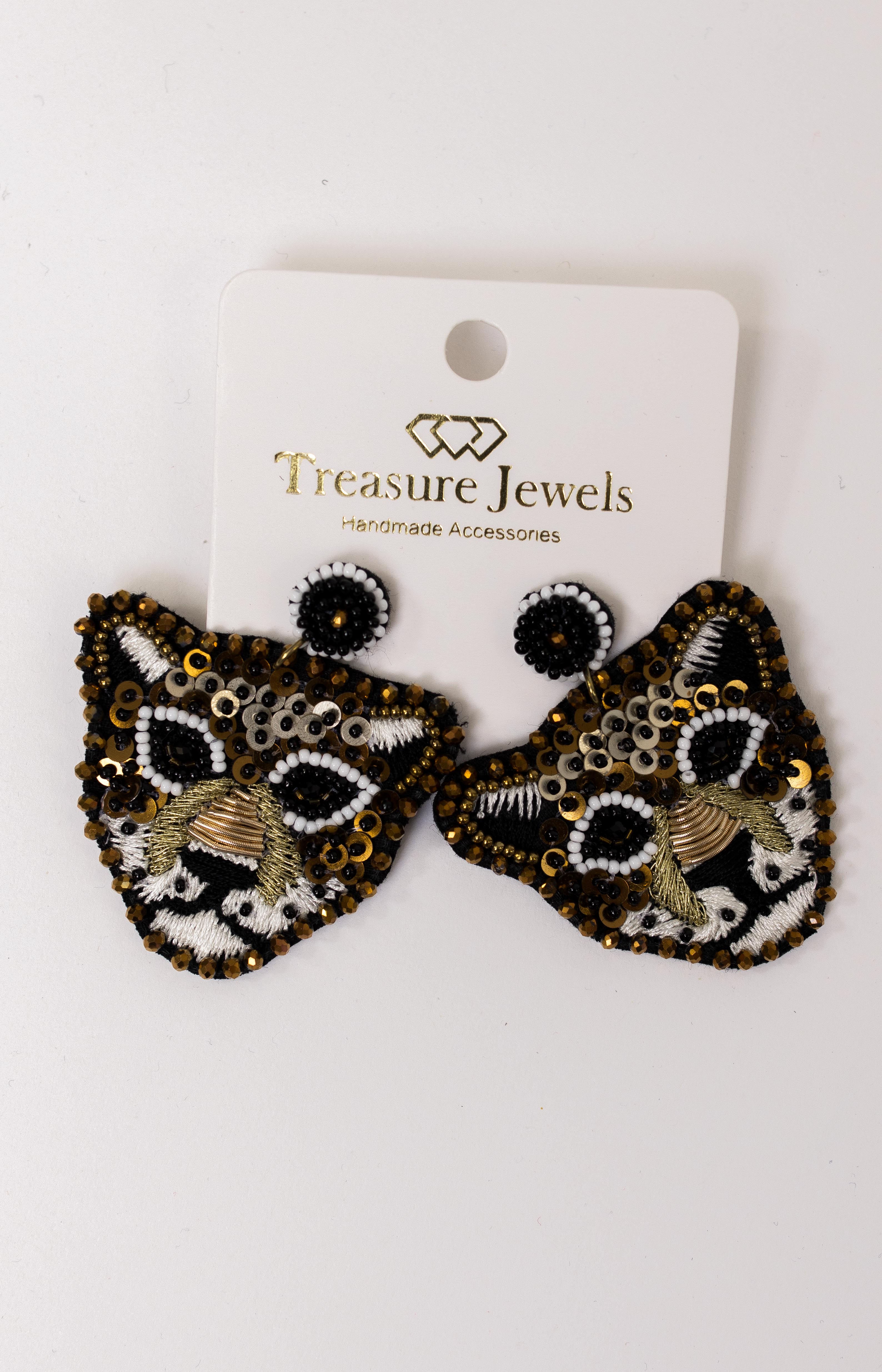 Treasure Jewels: Beaded Felt Tiger Head Earrings, BROWN/BLACK/GOLD