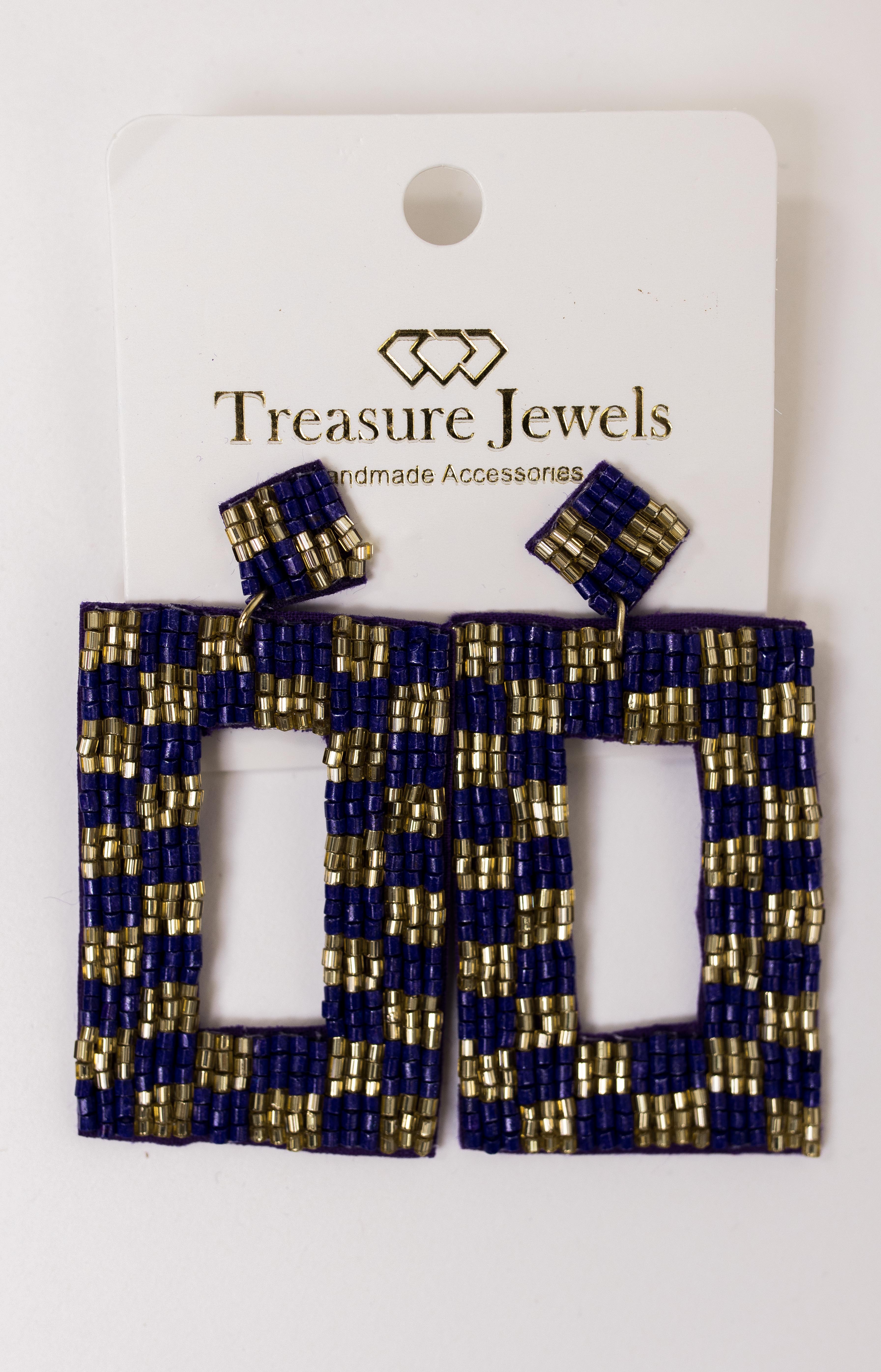 Treasure Jewels: Checkered Purple Gold Earring, PURPLE/GOLD