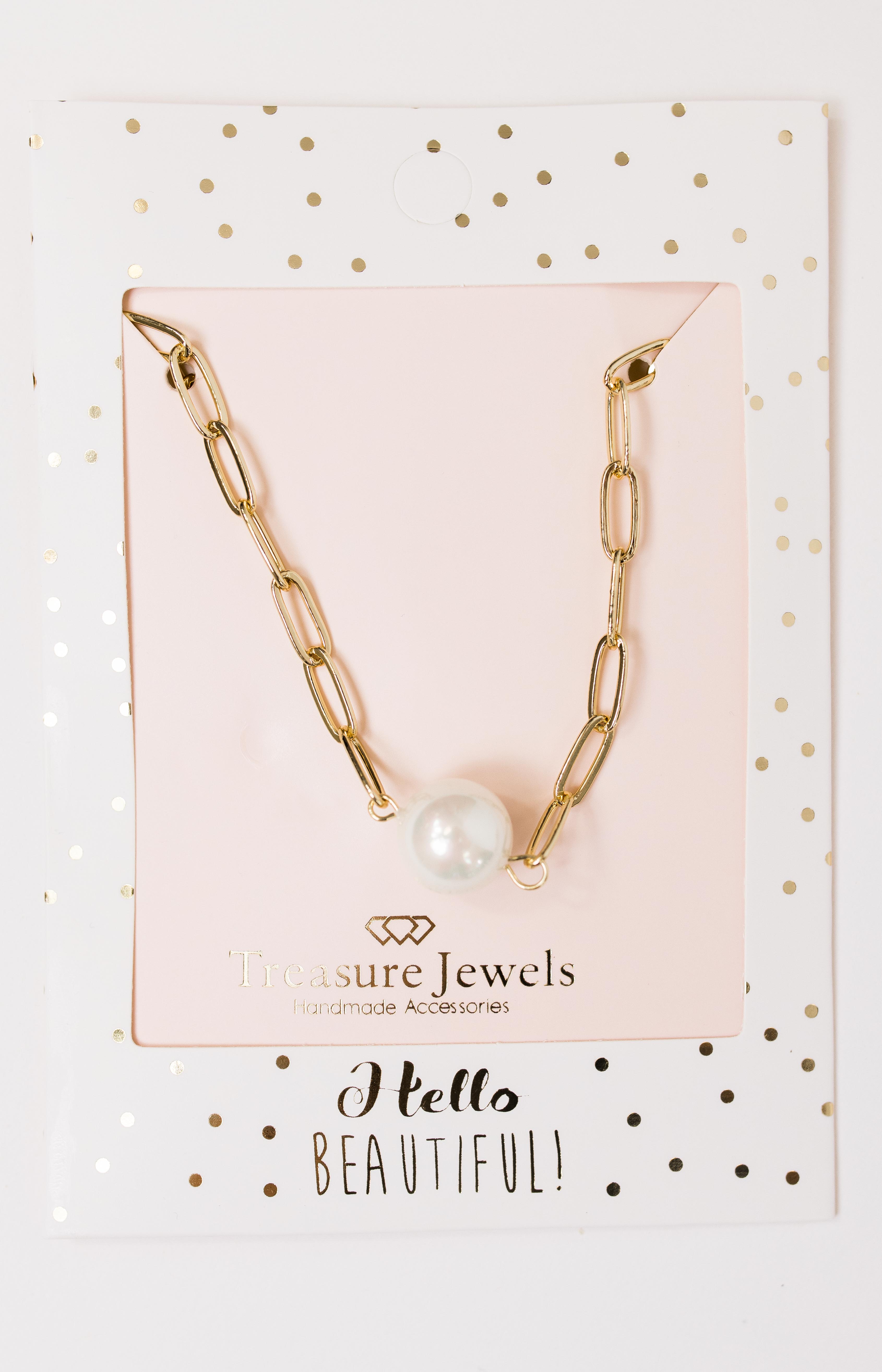 Treasure Jewels: Single Pearl Gold Necklace, GOLD