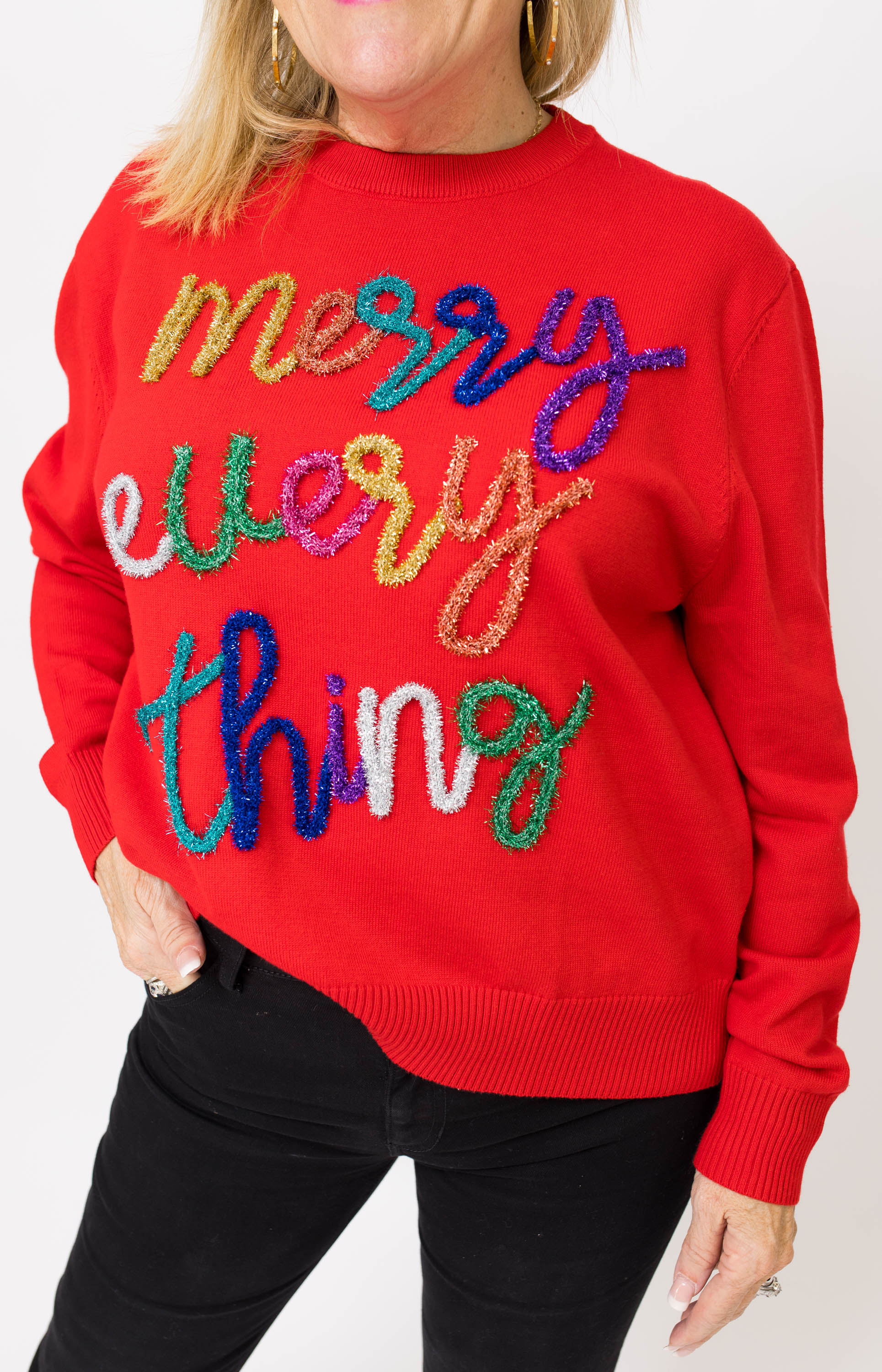 Queen of Sparkles: Merry Everything Glitter Script Sweater, RED