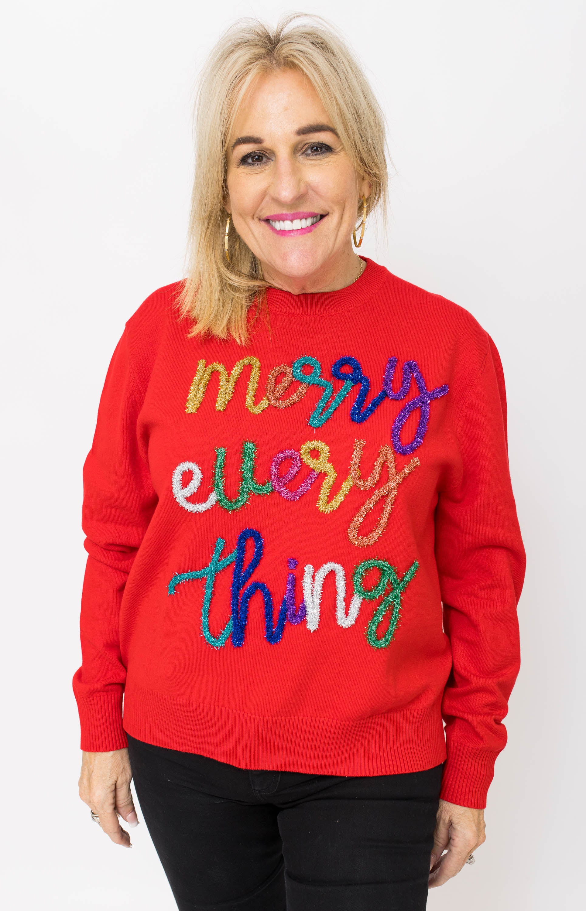Queen of Sparkles: Merry Everything Glitter Script Sweater, RED