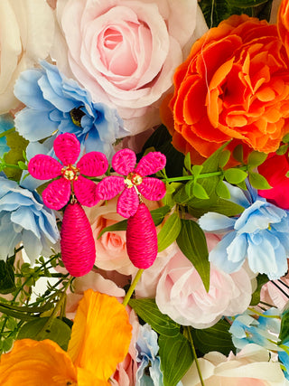 TREASURE JEWELS: Raffia Flower Earrings, PINK