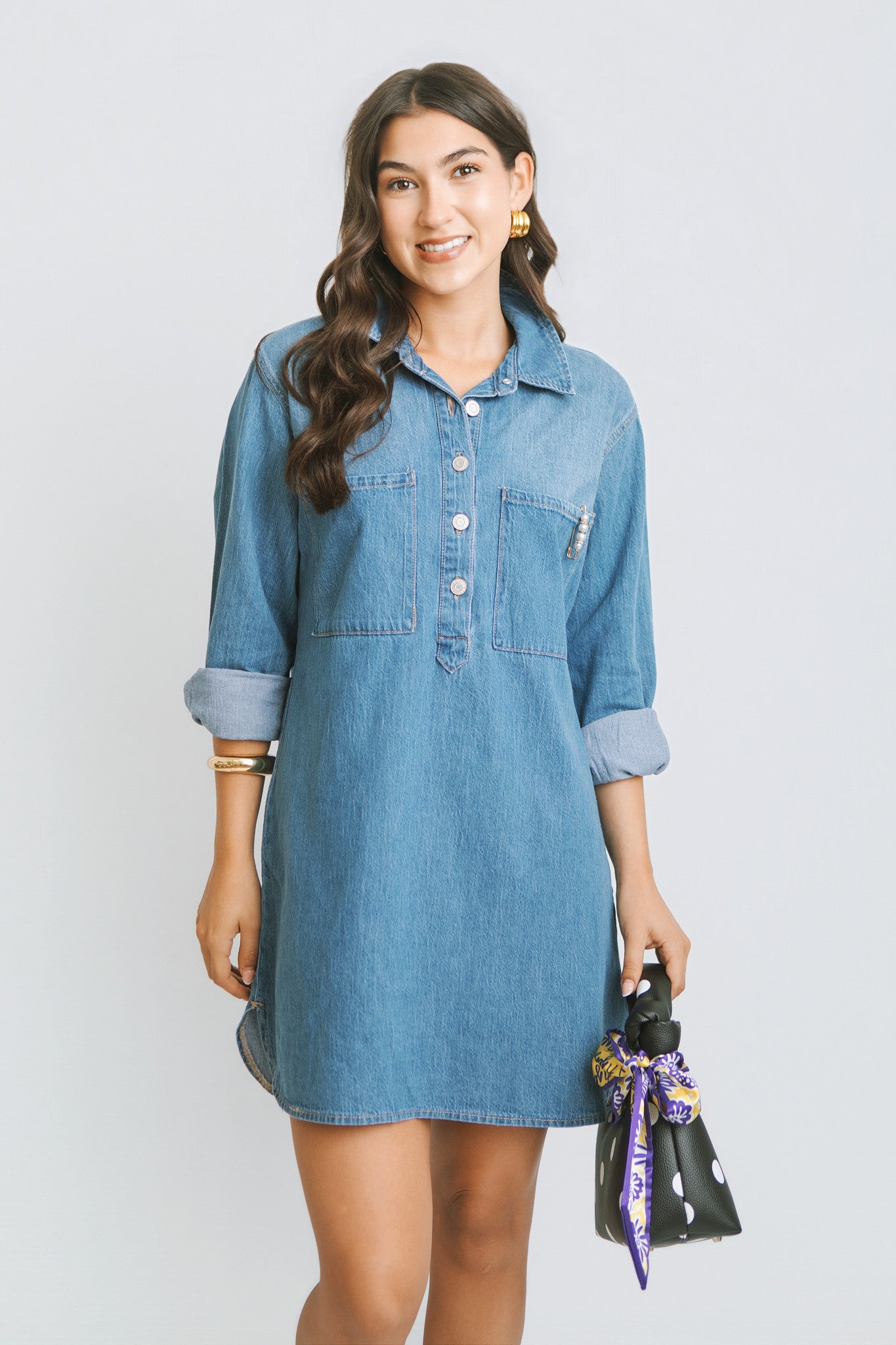 cotton denim dress Women's The Right Impression Medium Wash Midi | Size: L a pretty pintucked bodice Signature Denim Dress In Organic