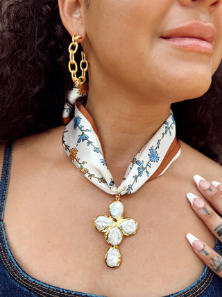 VIRTUE: ESTHER PEARL CROSS ON SCARF NECKLACE, MULTI FLOWER/PEARL