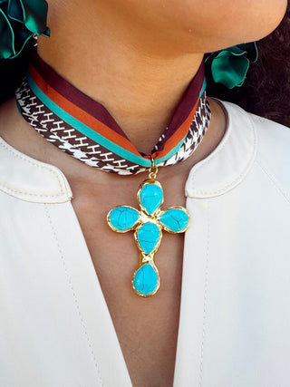 VIRTUE: ESTHER PEARL CROSS SCARF NECKLACE, CHEVRON/TURQ