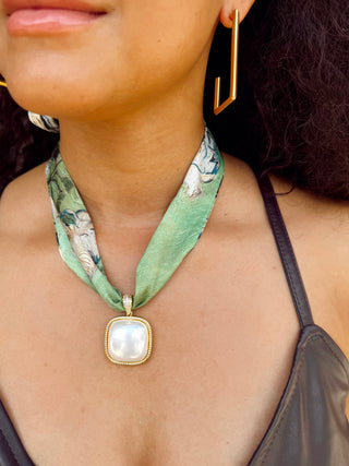 VIRTUE: PEARL SQUARE ON SCARF, GREEN WATERCOLOR