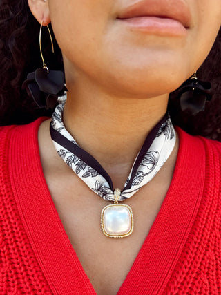 VIRTUE: PEARL SQUARE ON SCARF, BLACK FOLIAGE-GOLD