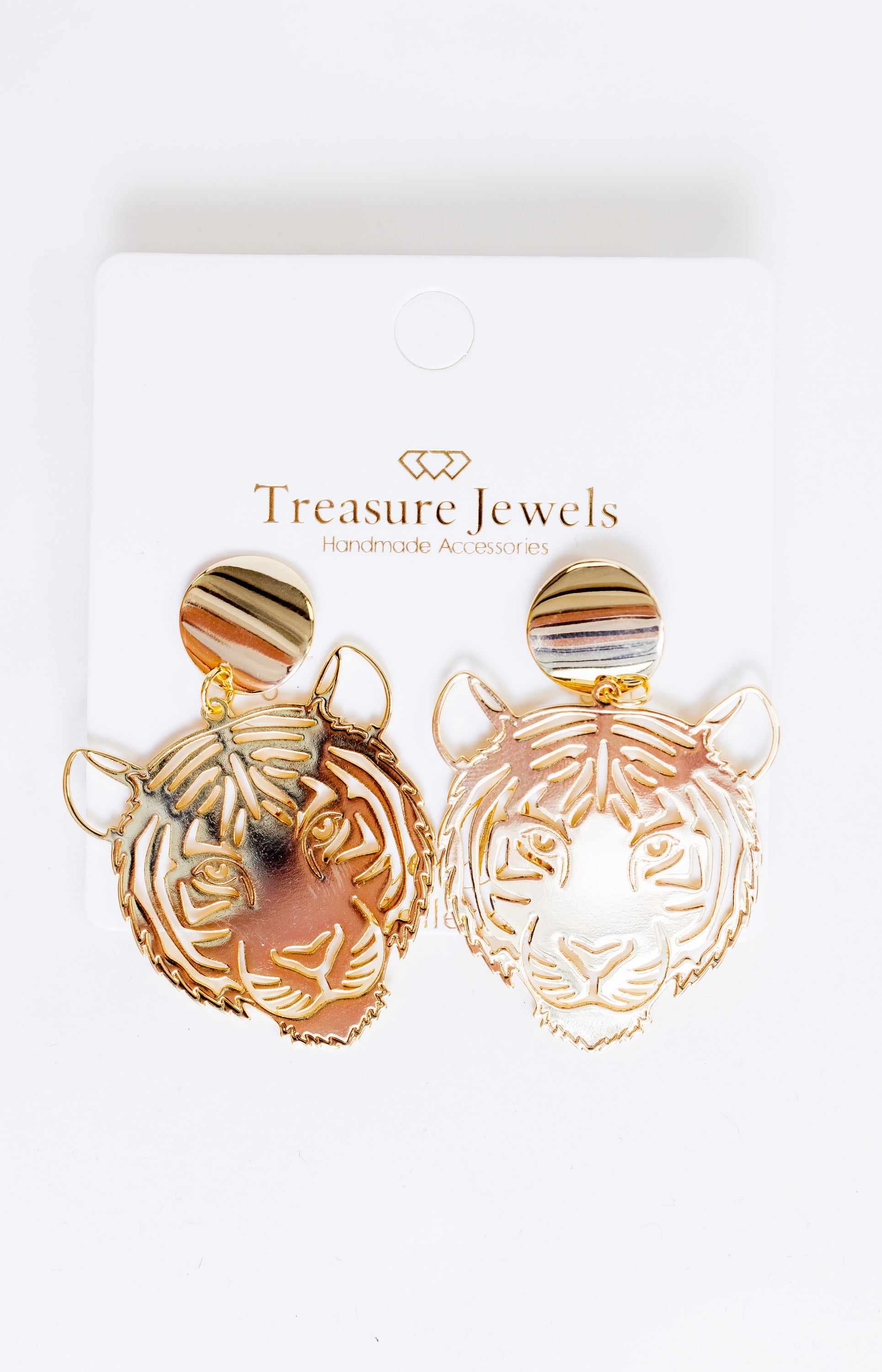 Treasure Jewels: Tiger Face Earrings, GOLD