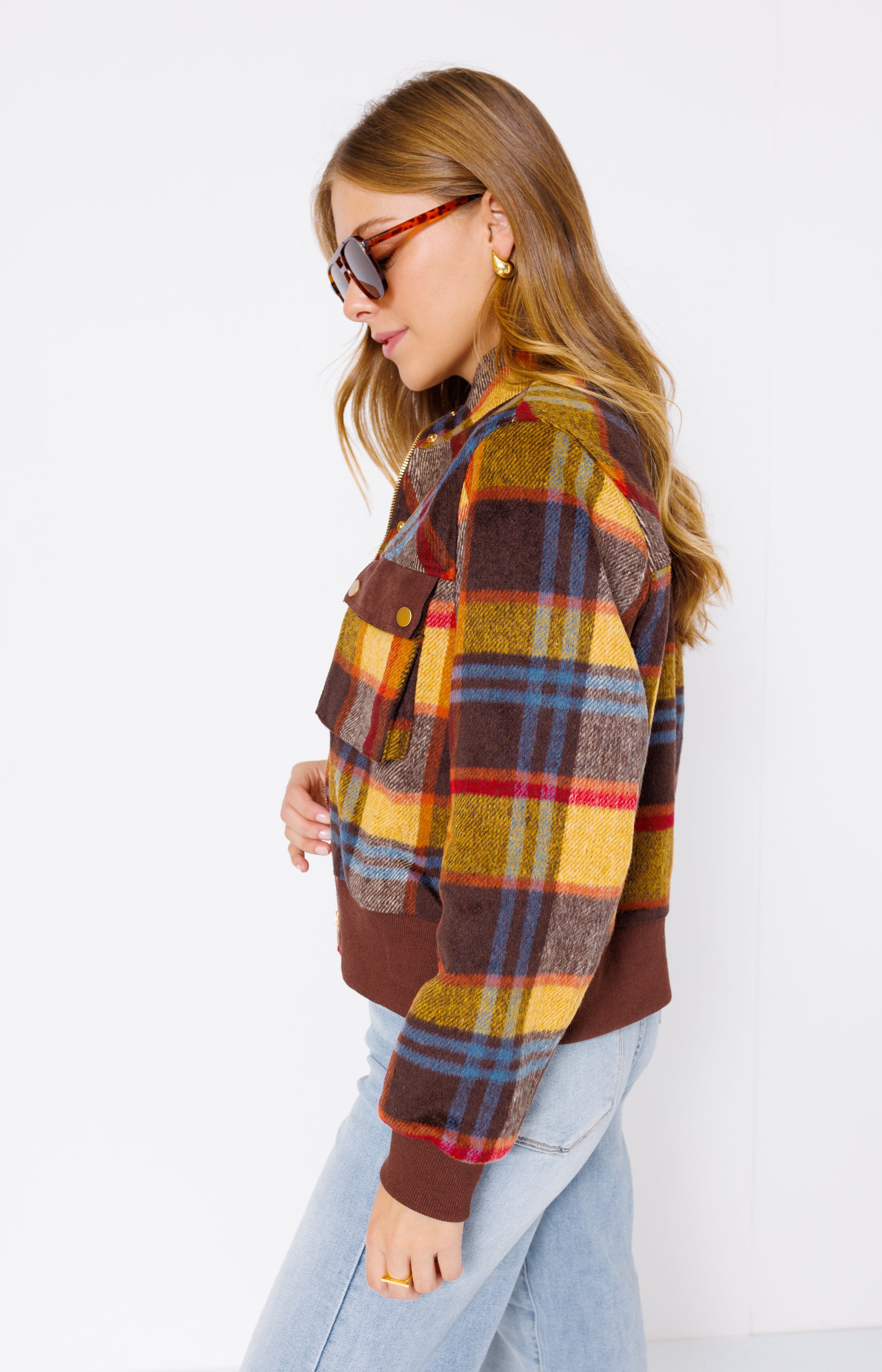 Chic Contrast Plaid Jacket, BROWN/MUSTARD