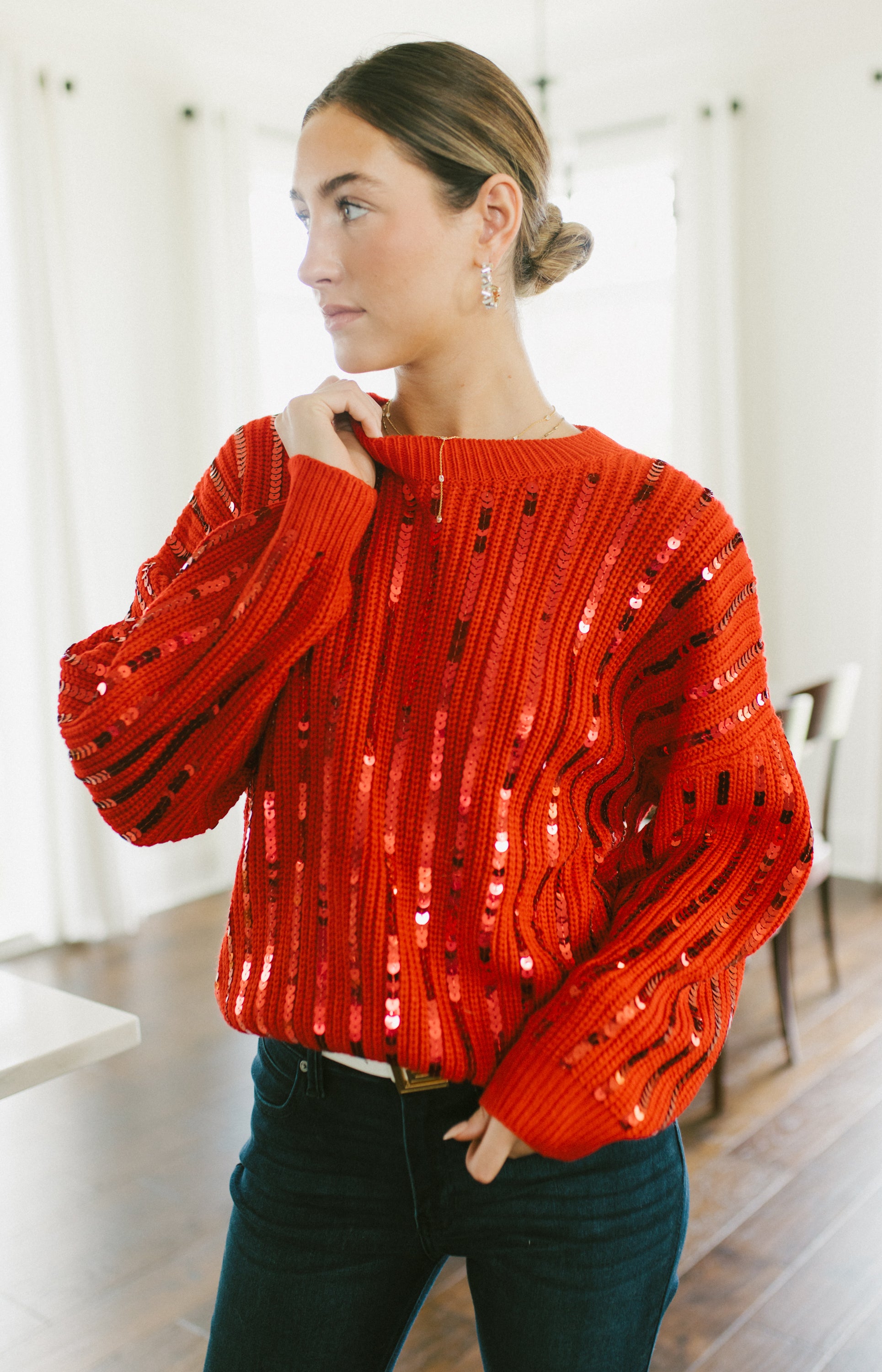 Reign Sequin Drop Sweater, RED