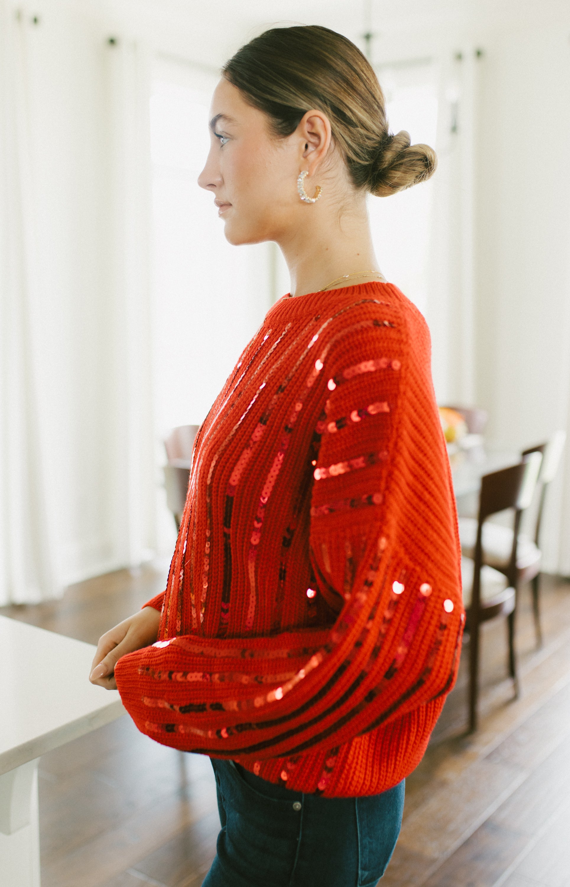 Reign Sequin Drop Sweater, RED