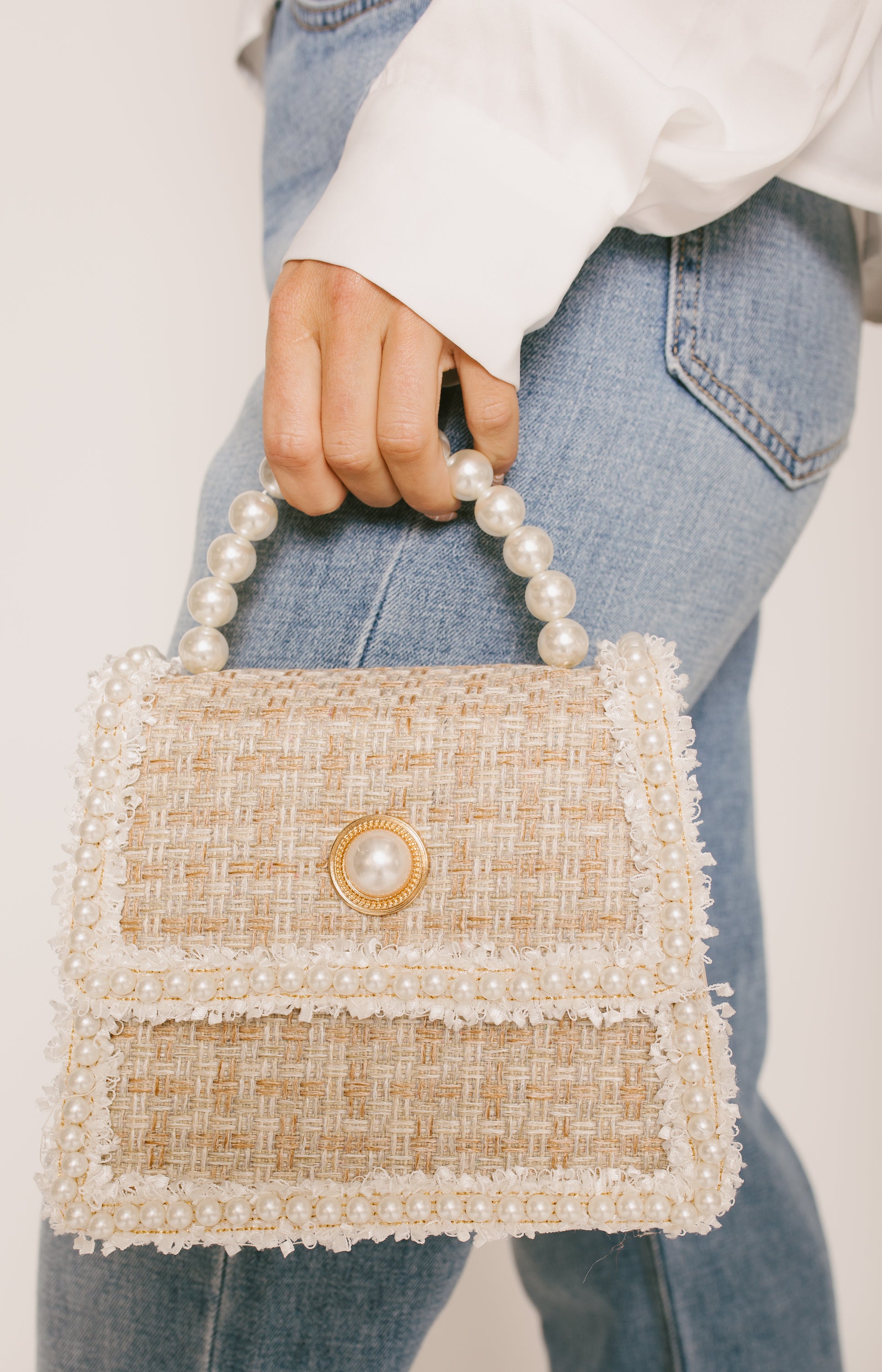 Tweed Pearl Handle Bag, IVORY