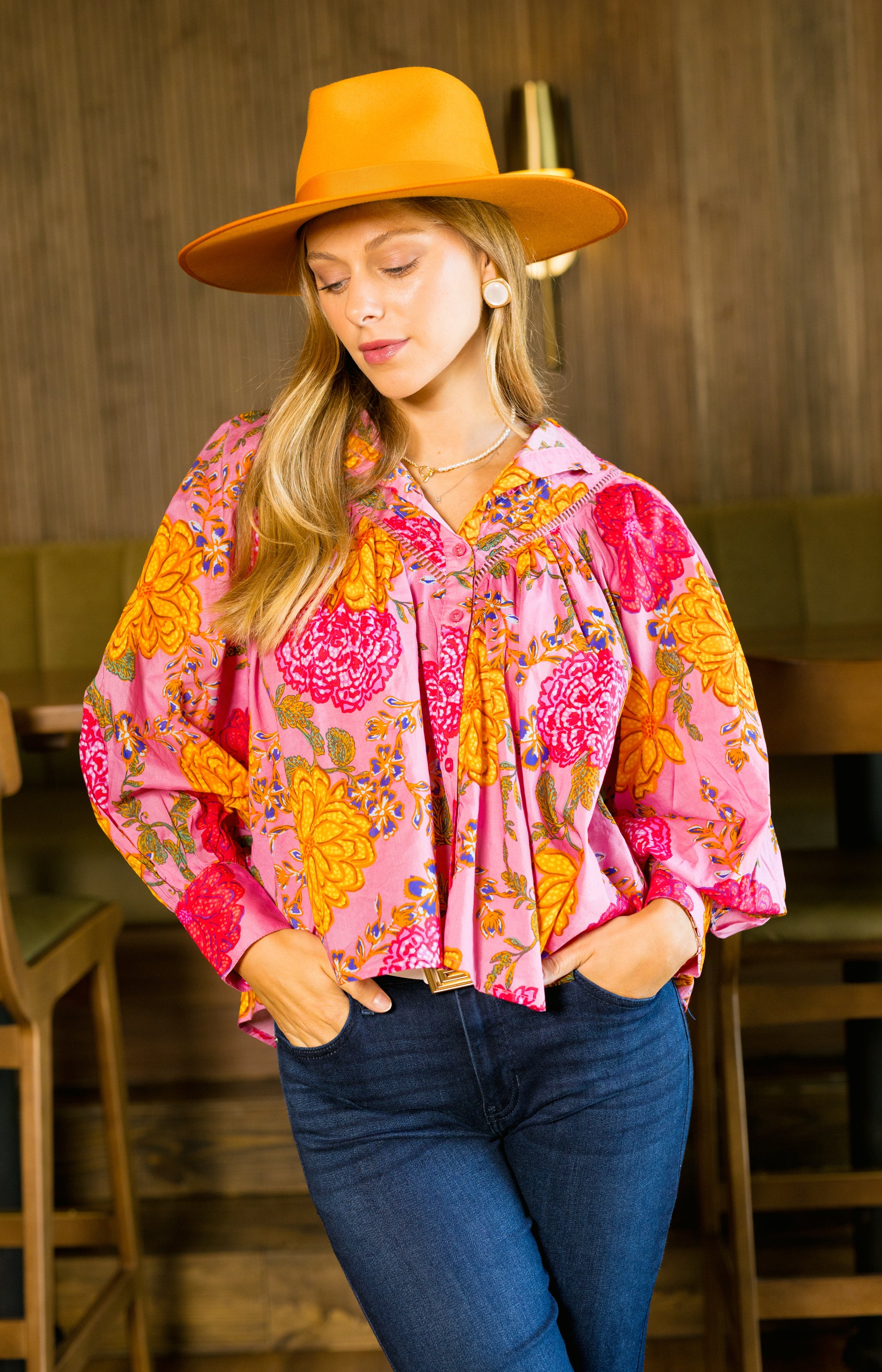 Olivia Button Down Top, PINK FLORAL