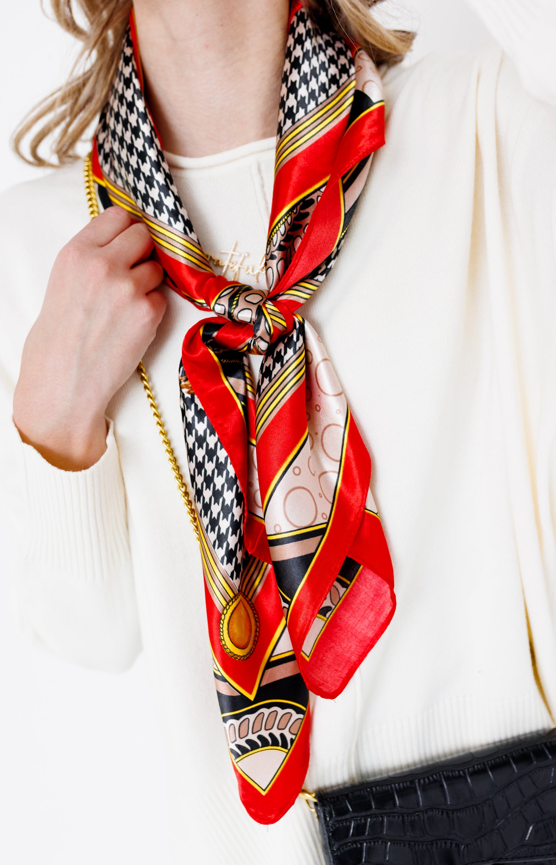 Silky Houndstooth Scarf, RED