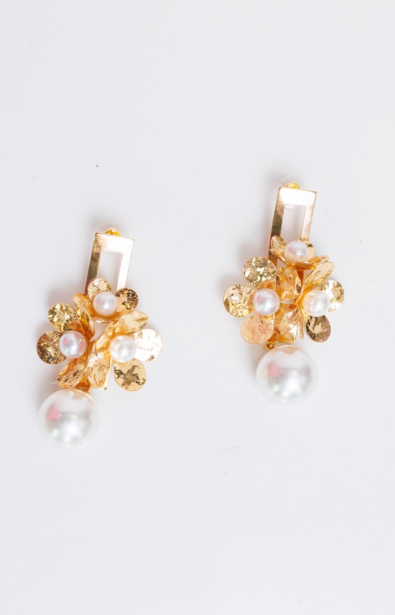 Square Flower Drop Pearl Earrings, GOLD - HerringStones