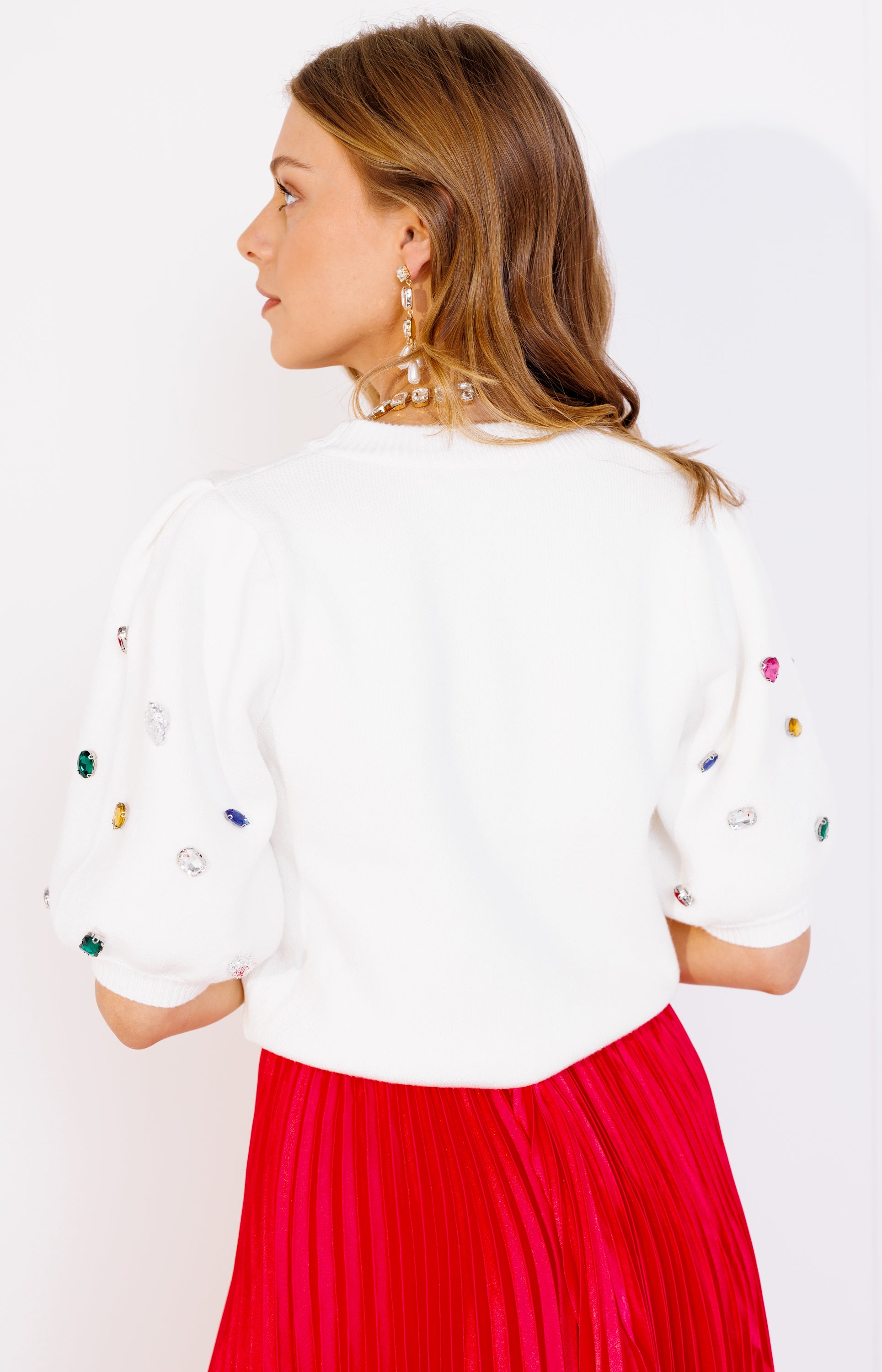 Crystal Puff Sweater Top, OFF WHITE