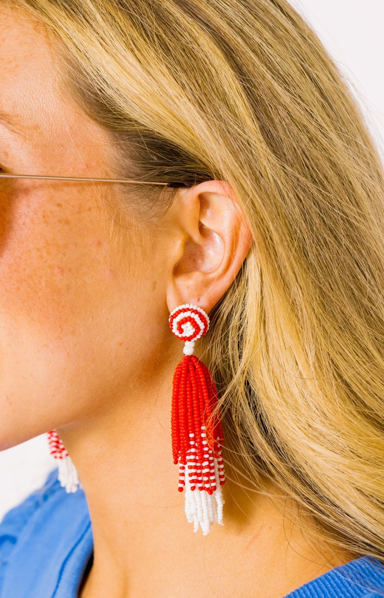 Beaded Tassel Earrings, RED/WHITE Earrings - 56E