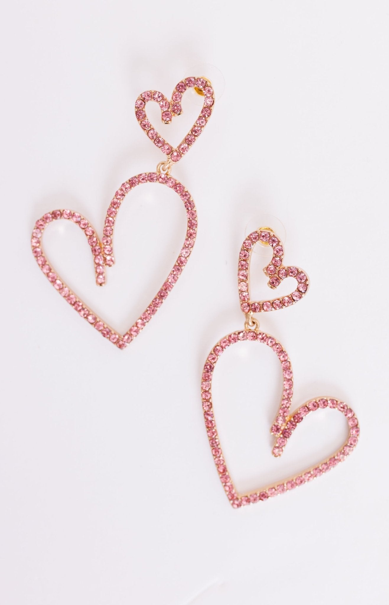 Double Heart Jeweled Dangle Earrings, PINK Earrings - 56E