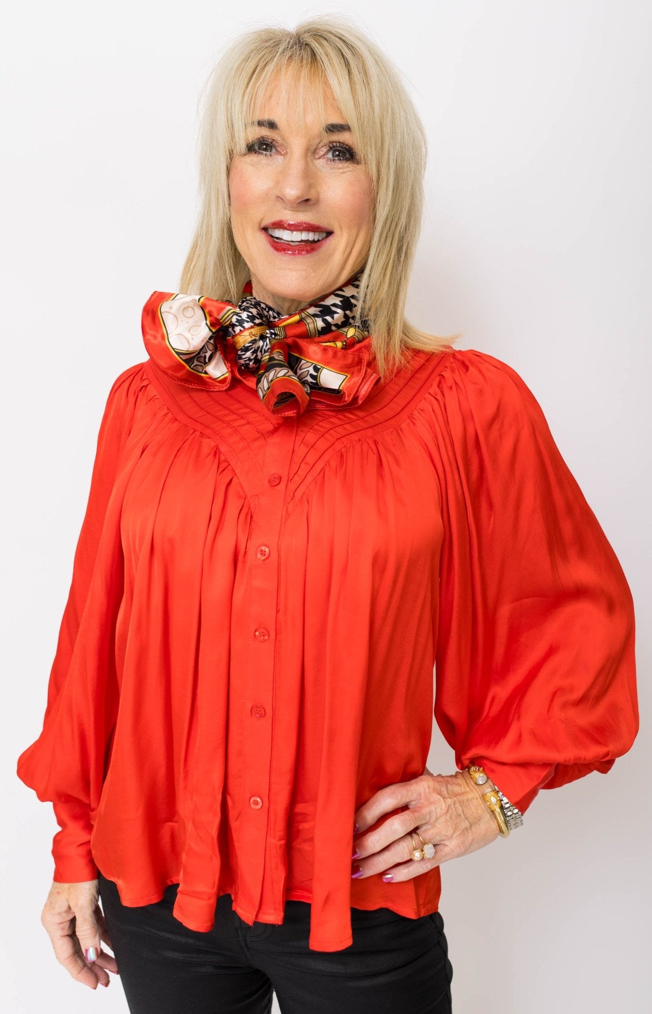 Falyn Belle Sleeve Button Down Top, RED Tops Over 75- 12