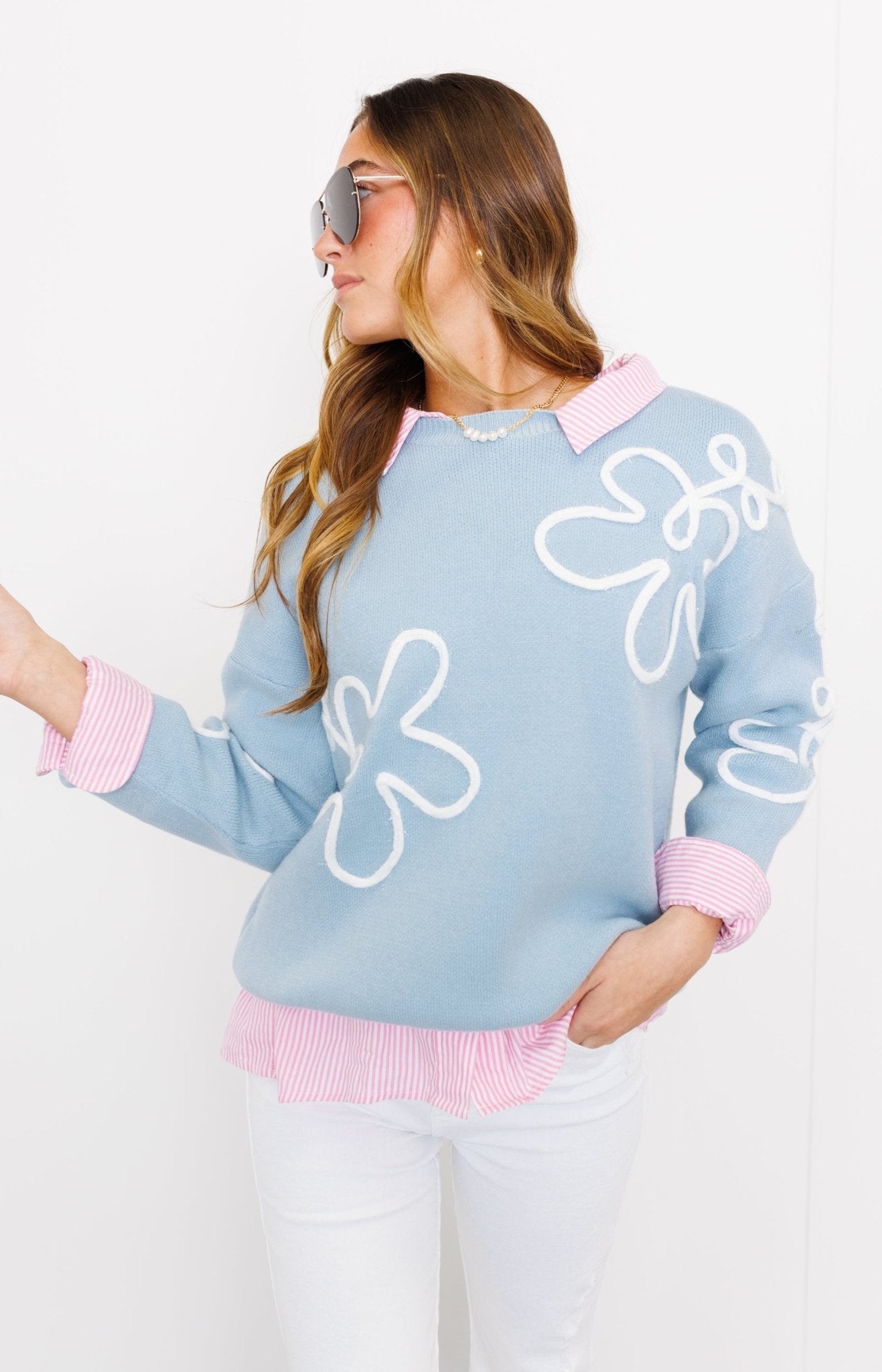 Flower Delight Sweater, BLUE Sweaters Under $100 - 18L