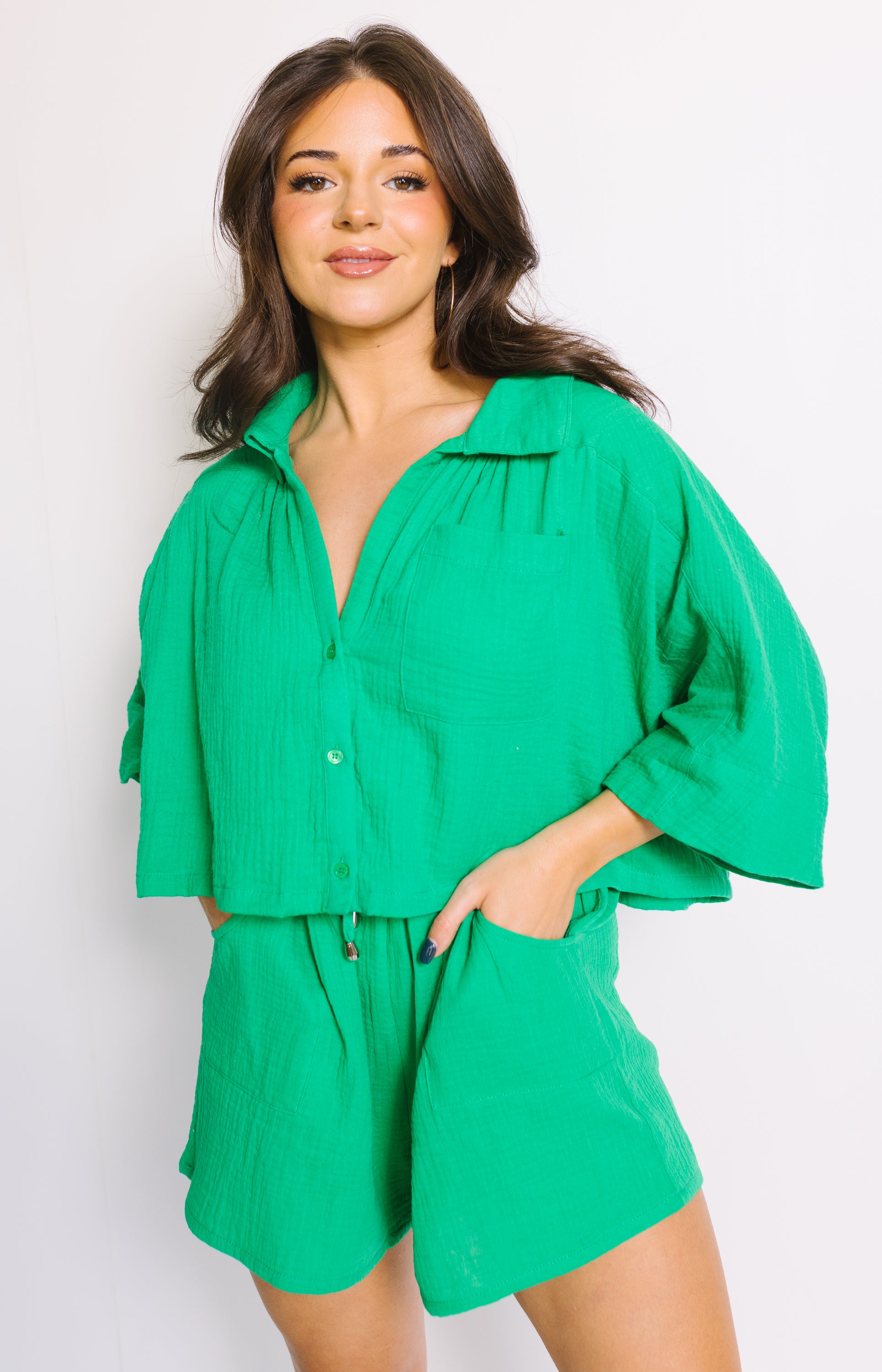 Another Day Button-Up Top, GREEN