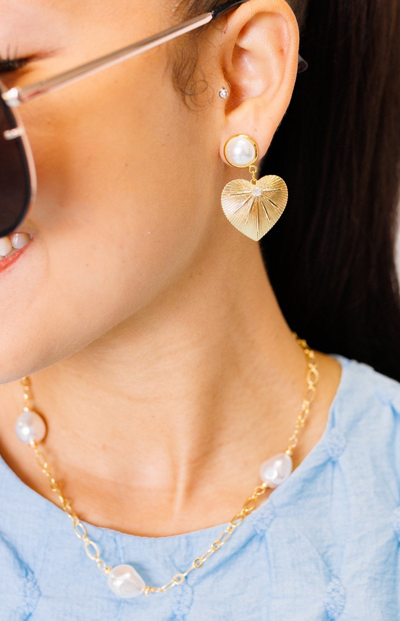 Heart Shaped with Pearl Detail Earrings, GOLD - HerringStones