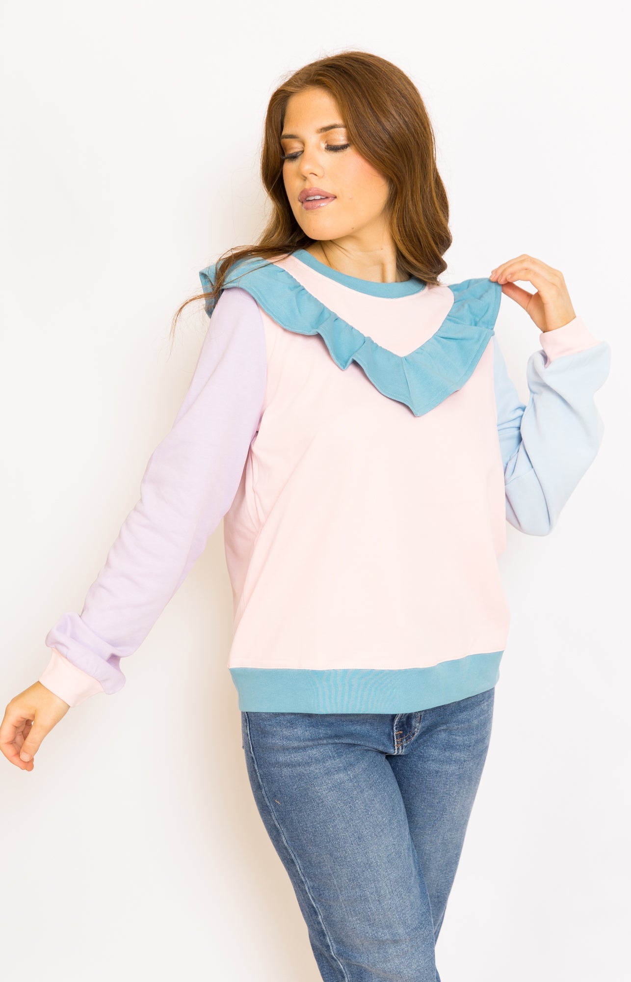 Karlie: Color Block Ruffle Sweatshirt, PINK - HerringStones