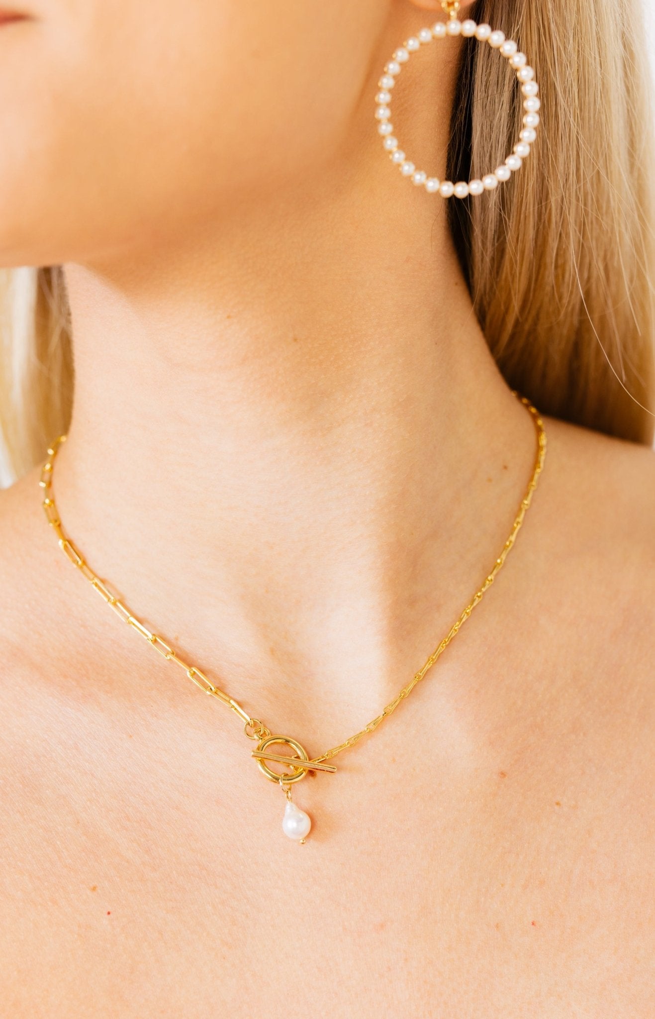 Long Chain with Pearl Drop Detail Necklace, GOLD - HerringStones