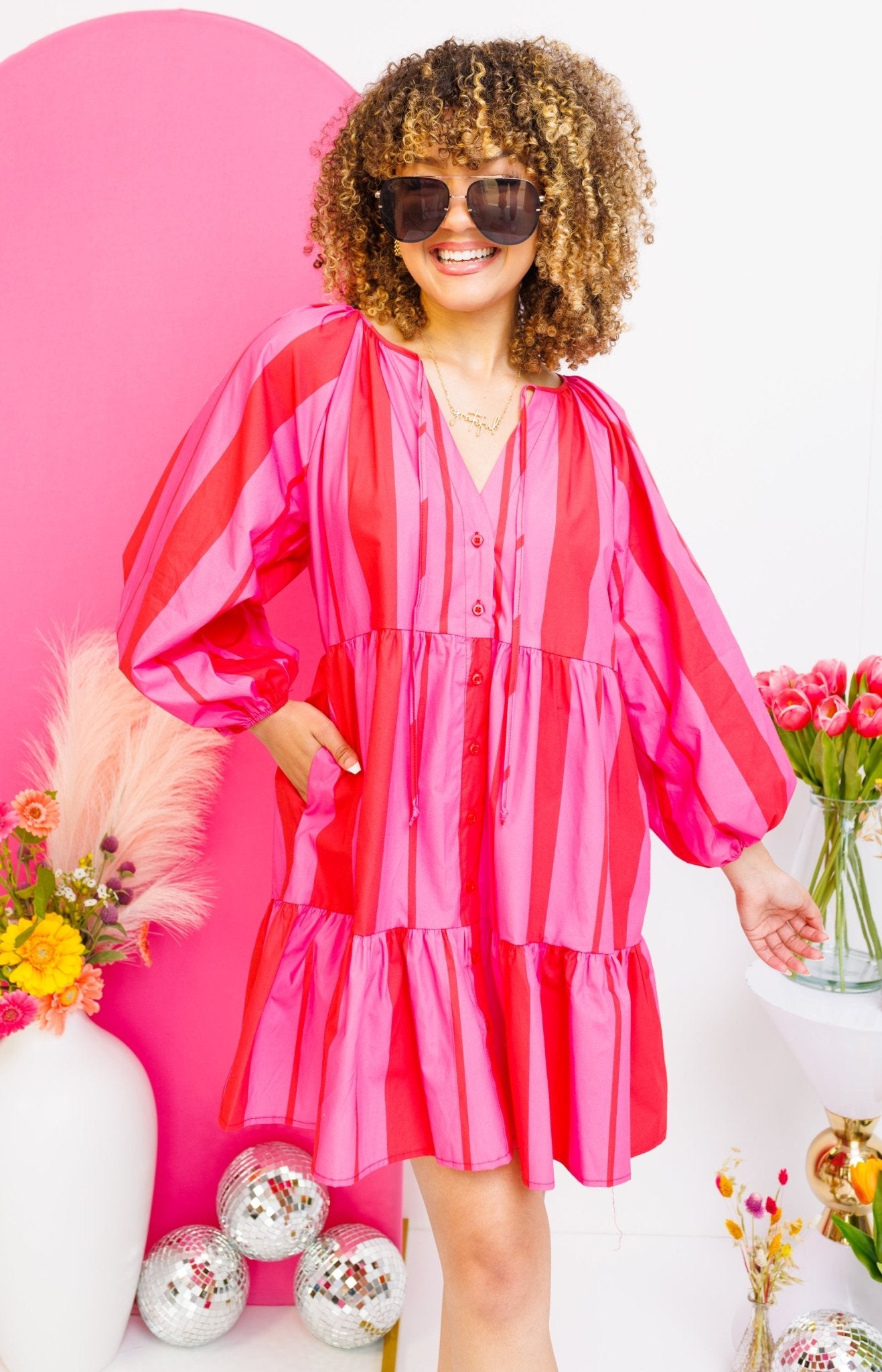 Love Struck Poplin Tiered Dress, FUCHSIA/RUST HerringStones