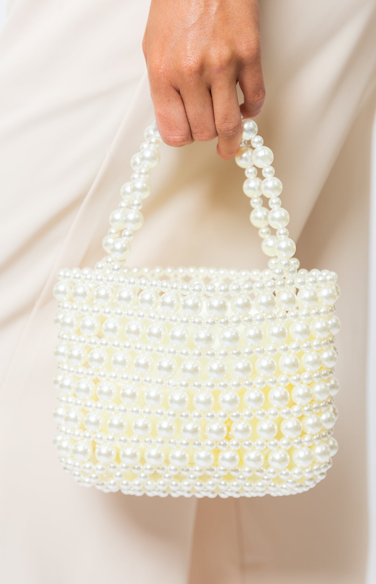 Pearl Drawstring Purse, WHITE Handbags- 52