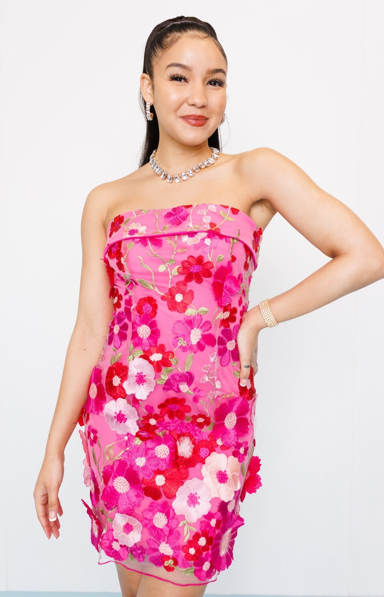 Royal Couture Floral Mini Dress, HOT PINK - HerringStones