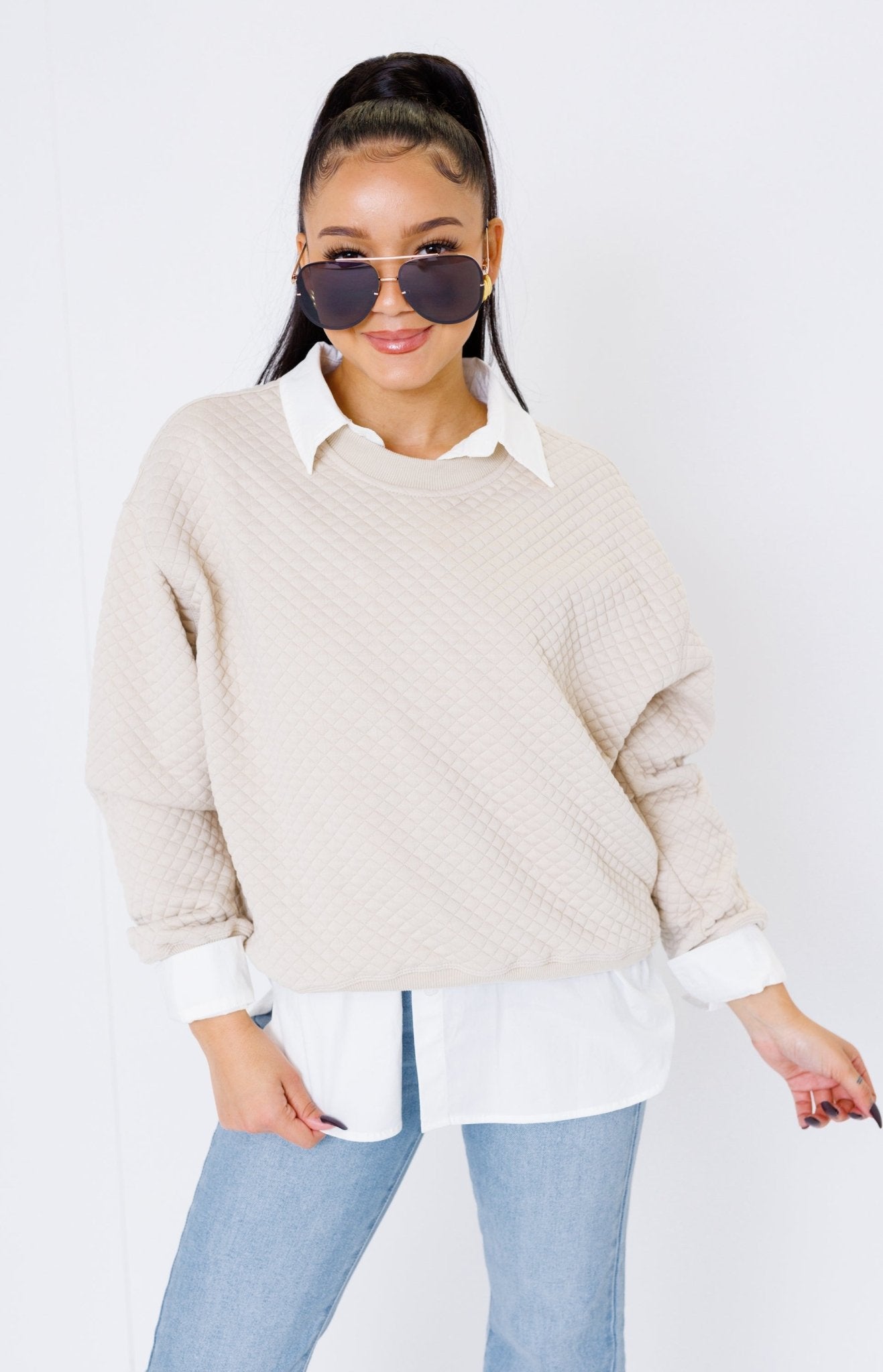 Savvy Zipper Sleeve Texture Sweatshirt, SMOKY TAUPE - HerringStones